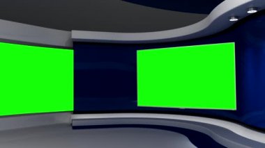Televizyon stüdyosu. Mavi stüdyo. Mavi arka plan. Haber stüdyosu. Duvardaki ekran. Döngü animasyonu. Herhangi bir yeşil ekran veya krom anahtar video prodüksiyonu için arka plan. 3 boyutlu görüntüleme. 3d