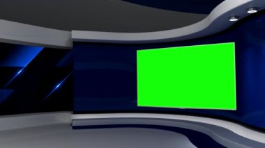 Televizyon stüdyosu. Mavi stüdyo. Mavi arka plan. Haber stüdyosu. Duvardaki ekran. Döngü animasyonu. Herhangi bir yeşil ekran veya krom anahtar video prodüksiyonu için arka plan. 3 boyutlu görüntüleme. 3d