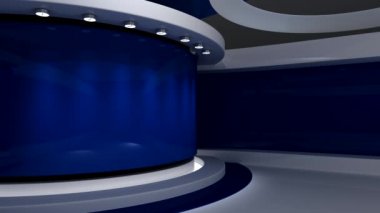 Televizyon stüdyosu. Mavi stüdyo. Mavi arka plan. Haber stüdyosu. Duvardaki ekran. Döngü animasyonu. Herhangi bir yeşil ekran veya krom anahtar video prodüksiyonu için arka plan. 3 boyutlu görüntüleme. 3d