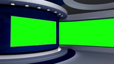 Televizyon stüdyosu. Mavi stüdyo. Mavi arka plan. Haber stüdyosu. Duvardaki ekran. Döngü animasyonu. Herhangi bir yeşil ekran veya krom anahtar video prodüksiyonu için arka plan. 3 boyutlu görüntüleme. 3d
