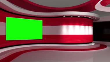 Televizyon stüdyosu. Avusturya. Duvardaki yeşil ekran. Duvardaki ekran. Avusturya bayrağı. Haber stüdyosu. Döngü animasyonu. Herhangi bir yeşil ekran veya krom anahtar video prodüksiyonu için arka plan. 3 boyutlu görüntüleme. 3d 