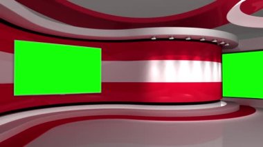 Televizyon stüdyosu. Avusturya. Duvardaki yeşil ekran. Duvardaki ekran. Avusturya bayrağı. Haber stüdyosu. Döngü animasyonu. Herhangi bir yeşil ekran veya krom anahtar video prodüksiyonu için arka plan. 3 boyutlu görüntüleme. 3d 