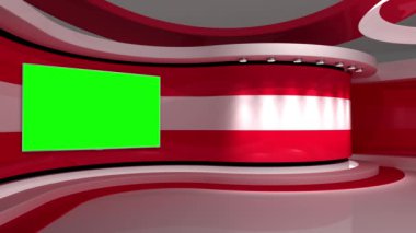 Televizyon stüdyosu. Avusturya. Duvardaki yeşil ekran. Duvardaki ekran. Avusturya bayrağı. Haber stüdyosu. Döngü animasyonu. Herhangi bir yeşil ekran veya krom anahtar video prodüksiyonu için arka plan. 3 boyutlu görüntüleme. 3d 