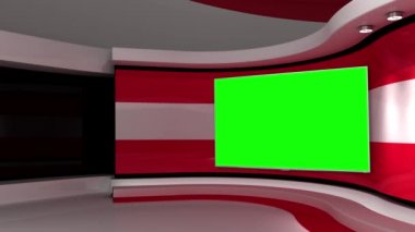 Televizyon stüdyosu. Avusturya. Duvardaki yeşil ekran. Duvardaki ekran. Avusturya bayrağı. Haber stüdyosu. Döngü animasyonu. Herhangi bir yeşil ekran veya krom anahtar video prodüksiyonu için arka plan. 3 boyutlu görüntüleme. 3d 