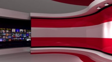 Televizyon stüdyosu. Avusturya. Avusturya bayrağı. Haber stüdyosu. Döngü animasyonu. Herhangi bir yeşil ekran veya krom anahtar video prodüksiyonu için arka plan. 3 boyutlu görüntüleme. 3d 