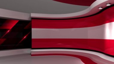 Televizyon stüdyosu. Avusturya. Avusturya bayrağı. Haber stüdyosu. Döngü animasyonu. Herhangi bir yeşil ekran veya krom anahtar video prodüksiyonu için arka plan. 3 boyutlu görüntüleme. 3d 