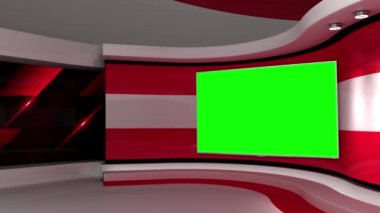 Televizyon stüdyosu. Avusturya. Duvardaki yeşil ekran. Duvardaki ekran. Avusturya bayrağı. Haber stüdyosu. Döngü animasyonu. Herhangi bir yeşil ekran veya krom anahtar video prodüksiyonu için arka plan. 3 boyutlu görüntüleme. 3d 