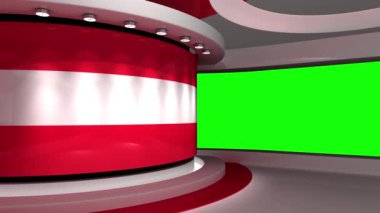 Televizyon stüdyosu. Avusturya. Duvardaki yeşil ekran. Duvardaki ekran. Avusturya bayrağı. Haber stüdyosu. Döngü animasyonu. Herhangi bir yeşil ekran veya krom anahtar video prodüksiyonu için arka plan. 3 boyutlu görüntüleme. 3d 