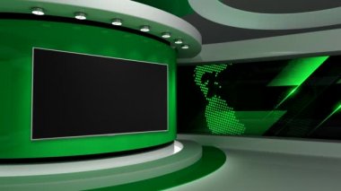 Televizyon stüdyosu. Yeşil stüdyo. Yeşil arka plan. Haber stüdyosu. Duvardaki ekran. Döngü animasyonu. Herhangi bir yeşil ekran veya krom anahtar video prodüksiyonu için arka plan. 3 boyutlu görüntüleme. 3d
