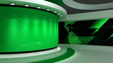 Televizyon stüdyosu. Yeşil stüdyo. Yeşil arka plan. Haber stüdyosu. Döngü animasyonu. Herhangi bir yeşil ekran veya krom anahtar video prodüksiyonu için arka plan. 3 boyutlu görüntüleme. 3d