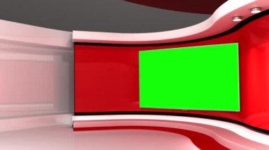 Televizyon stüdyosu. Kırmızı stüdyo. Kırmızı arka plan. Haber stüdyosu. Yeşil ekran. Duvardaki ekran. Döngü animasyonu. Herhangi bir yeşil ekran veya krom anahtar video prodüksiyonu için arka plan. 3 boyutlu görüntüleme. 3d