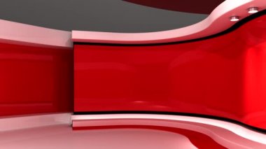 Televizyon stüdyosu. Kırmızı stüdyo. Kırmızı arka plan. Haber stüdyosu. Döngü animasyonu. Herhangi bir yeşil ekran veya krom anahtar video prodüksiyonu için arka plan. 3 boyutlu görüntüleme. 3d