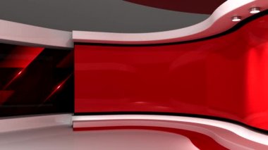 Televizyon stüdyosu. Kırmızı stüdyo. Kırmızı arka plan. Haber stüdyosu. Döngü animasyonu. Herhangi bir yeşil ekran veya krom anahtar video prodüksiyonu için arka plan. 3 boyutlu görüntüleme. 3d