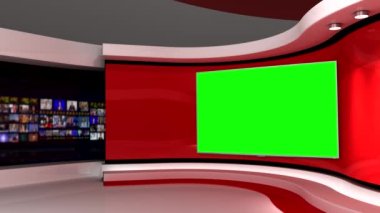 Televizyon stüdyosu. Kırmızı stüdyo. Kırmızı arka plan. Haber stüdyosu. Yeşil ekran. Duvardaki ekran. Döngü animasyonu. Herhangi bir yeşil ekran veya krom anahtar video prodüksiyonu için arka plan. 3 boyutlu görüntüleme. 3d