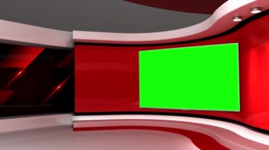 Televizyon stüdyosu. Kırmızı stüdyo. Kırmızı arka plan. Haber stüdyosu. Yeşil ekran. Duvardaki ekran. Döngü animasyonu. Herhangi bir yeşil ekran veya krom anahtar video prodüksiyonu için arka plan. 3 boyutlu görüntüleme. 3d