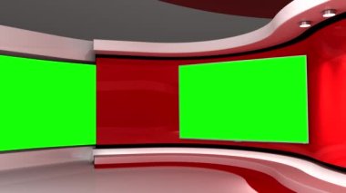 Televizyon stüdyosu. Kırmızı stüdyo. Kırmızı arka plan. Haber stüdyosu. Yeşil ekran. Duvardaki ekran. Döngü animasyonu. Herhangi bir yeşil ekran veya krom anahtar video prodüksiyonu için arka plan. 3 boyutlu görüntüleme. 3d