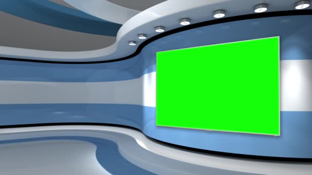 テレビスタジオ ライトブルーの背景 ループアニメーション ニューススタジオ 緑色の画面またはクロマキービデオ制作の背景 3Dレンダリング — ストック動画