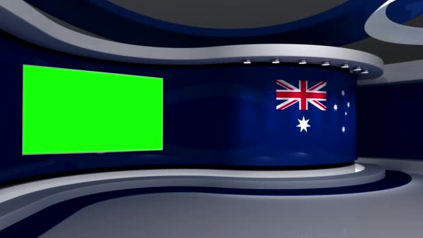 テレビスタジオ オーストラリアだ オーストラリアの国旗 ニューススタジオ ループアニメーション 緑色の画面またはクロマキービデオ制作の背景 3Dレンダリング — ストック動画