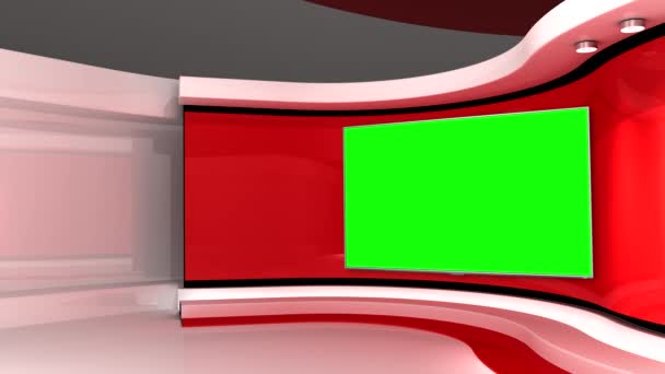 テレビスタジオ レッド スタジオだ 赤の背景 ニューススタジオ 緑の画面 壁にスクリーンを ループアニメーション 緑色の画面またはクロマキービデオ制作の背景 3Dレンダリング — ストック動画