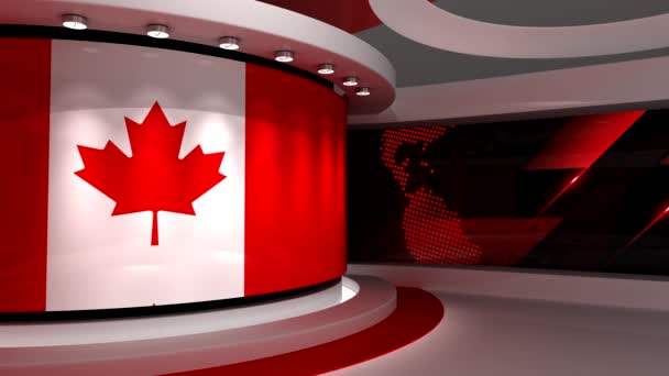 テレビスタジオ カナダだ カナダ国旗 ニューススタジオ ループアニメーション 緑色の画面またはクロマキービデオ制作の背景 3Dレンダリング — ストック動画
