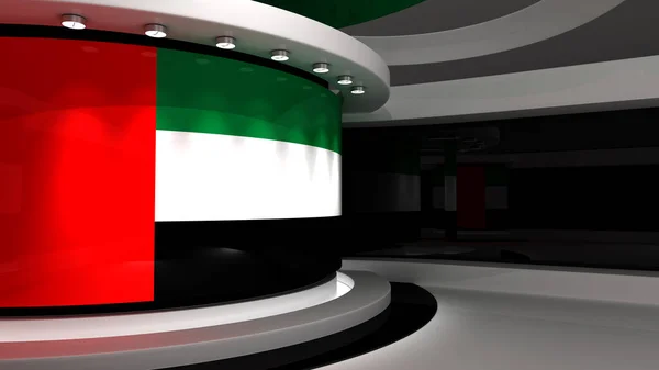 TV studio. Dubai flag studio. Dubai flag background. News studio. The perfect background for any green screen or chroma key video or photo production. 3d render. 3