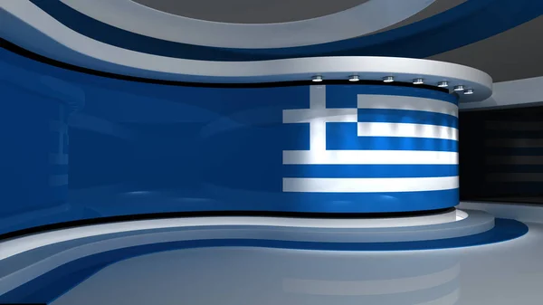 TV studio. Greek flag background. News studio. Loop animation. Background for any green screen or chroma key video production. 3d render. 3d