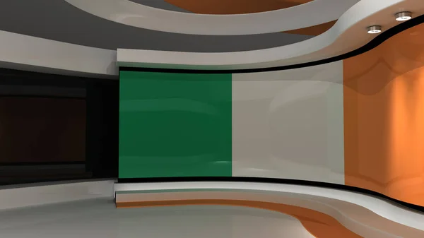 Ireland. Irish flag. TV studio. News studio. Loop animation. Background for any green screen or chroma key video production. 3d render. 3d