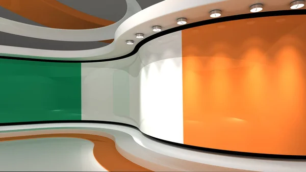 Ireland. Irish flag. TV studio. News studio. Loop animation. Background for any green screen or chroma key video production. 3d render. 3d