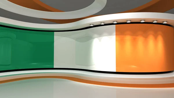 Ireland. Irish flag. TV studio. News studio. Loop animation. Background for any green screen or chroma key video production. 3d render. 3d