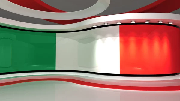 意大利 电视演播室意大利国旗背景 新闻演播室任何绿色屏幕或彩色键视频或照片制作的完美背景 3D渲染 — 图库照片