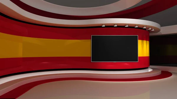 テレビスタジオ スペインだ スペインの旗スタジオ スペインの国旗の背景 ニューススタジオ 緑の画面やクロマキービデオや写真の生産のための完璧な背景 3Dレンダリング — ストック写真