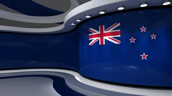 New zealand flag. New zealand flag background. TV studio. News studio. The perfect backdrop for any green screen or chroma key video or photo production. 3d render. 3