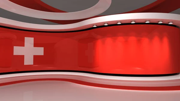 Switzerland. Swiss flag flag studio. Swiss flag background. TV studio. News studio. The perfect backdrop for any green screen or chroma key video or photo production. 3d render. 3