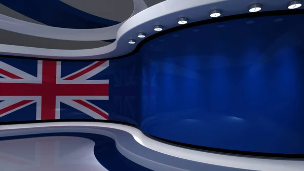联合王国 大英帝国英国国旗工作室 英国国旗背景 电视演播室循环动画 新闻演播室备份为任何绿色屏幕或彩色键视频生产 3D渲染 — 图库照片