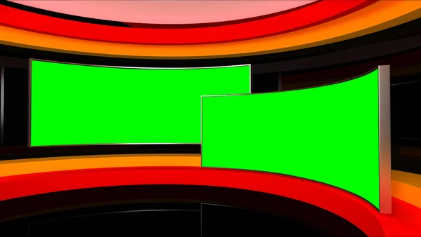 电视演播室电视节目的背投 墙上的电视新闻演播室红色和黄色背景 任何绿色屏幕或彩色键视频或照片制作的完美背景 3D渲染 — 图库照片