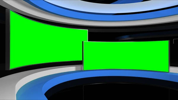 バーチャルスタジオだ テレビスタジオ 壁にテレビ ニューススタジオ 緑の画面やクロマキービデオや写真の生産のための完璧な背景 3Dレンダリング — ストック写真