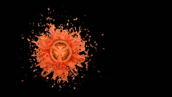 Explosion of tomato juice. Splash of tomato juice. Top view. Black background. Closeup splash. Artistic motion blur. 3d. 3D renderin