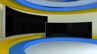 Sanal stüdyo. Televizyon stüdyosu.. TV duvarda. Haber stüdyosu. Herhangi bir yeşil ekran, krom anahtar video veya fotoğraf çekimi için mükemmel bir zemin. 3B görüntüleme