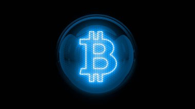 Bitcoin. Mavi bitcoin logosu. Nixie tüp göstergesi. Gaz boşaltım göstergeleri ve lambalar. Üç boyutlu. 3B Hazırlama