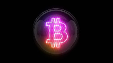 Bitcoin. Bitcoin logosu. Instagram renkleri. Nixie tüp göstergesi. Gaz boşaltım göstergeleri ve lambalar. Üç boyutlu. 3B Hazırlama