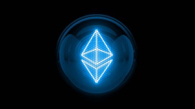 Eteryum. Mavi etheryum sikke logosu. Nixie tüp göstergesi. Gaz boşaltım göstergeleri ve lambalar. Üç boyutlu. 3B Hazırlama