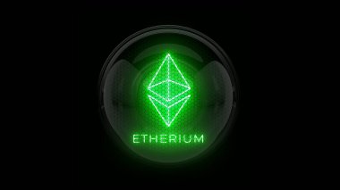 Eteryum. Yeşil Etherium madeni para logosu. Nixie tüp göstergesi. Gaz boşaltım göstergeleri ve lambalar. Üç boyutlu. 3B Hazırlama
