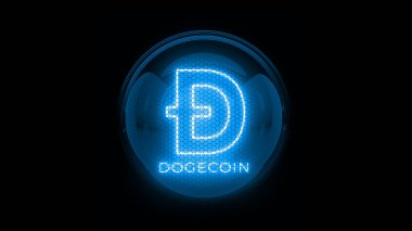 Dul parası. Blue Doge madeni para logosu. Nixie tüp göstergesi. Gaz boşaltım göstergeleri ve lambalar. Üç boyutlu. 3B Hazırlama