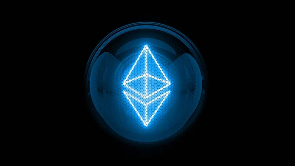 Eteryum. Mavi etheryum sikke logosu. Nixie tüp göstergesi. Gaz boşaltım göstergeleri ve lambalar. Üç boyutlu. 3B Hazırlama