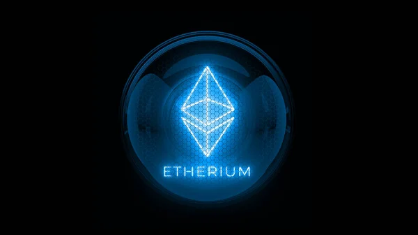 Etherium Blue Etherium Coin Logo Nixie Tube Indicator Gas Discharge — Stock Photo, Image