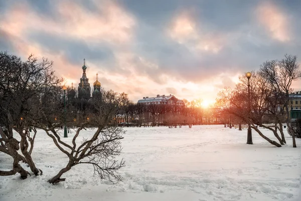 Solnedgång över fältet Marsovo — Stockfoto