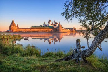 Solovetsky Manastırı 'nın yansımaları Solovetsky Adaları' ndaki kutsal gölün sakin sularında şafak güneşinin ışığında ve kıyıda bir huş ağacında