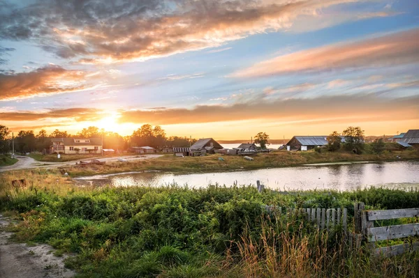 View Buildings Village Solovetsky Islands White Sea Bay Beautiful Sunset — Stock Photo, Image