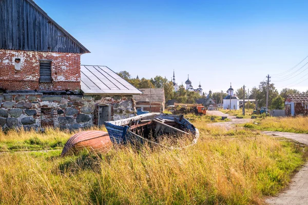 Old Stone Bathhouse Village Solovetsky Islands Boats Road View Monastery — Stock Photo, Image