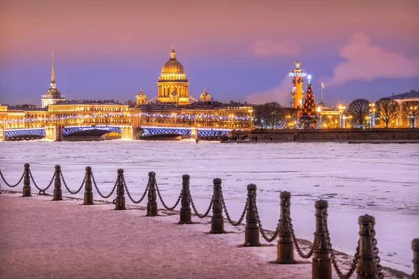 View Isaac Cathedral Palace Bridge Rostral Column Strelka Petersburg Winter — Stock Photo, Image